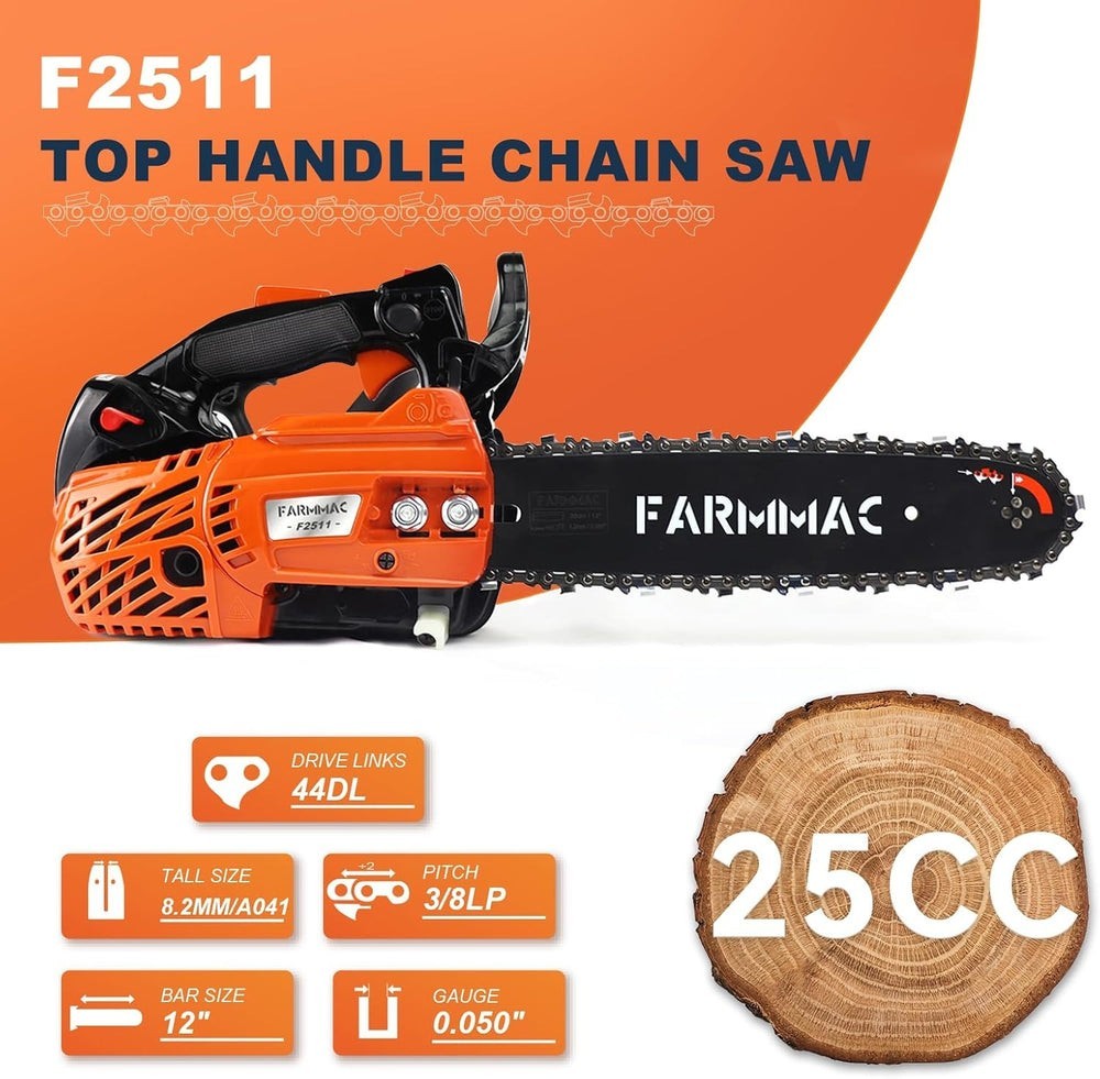 FARMMAC 2511 12" Gas Chainsaw 25cc 1.36HP 2-Cycle Engine Top Handle Climbing Saw