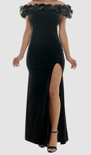 B Darlin Women's Juniors' Black Velvet Ruffled Off-The-Shoulder Gown Size 3/4