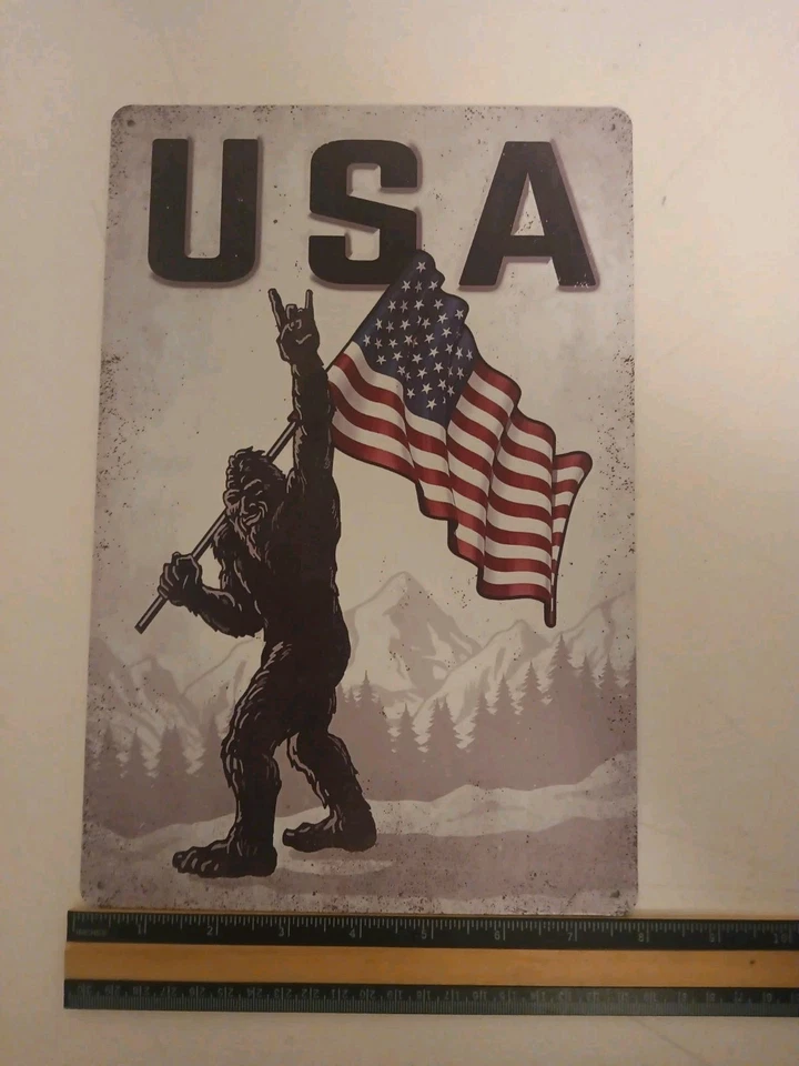 Bigfoot Sasquatch Yeti USA American Flag Rock On Tin Sign 8"X12" New Myth - Image 3 of 4