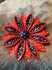 VTG 2 3/4” 1960’s RED WHITE BLUE POLKA DOT ENAMEL FLOWER PIN - COSTUME JEWELRY