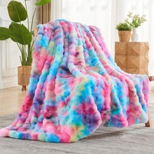 NEWCOSPLAY Faux Fur Throw Blanket Dark Rainbow Luxury Fluffy Thick Warm Bubbl...