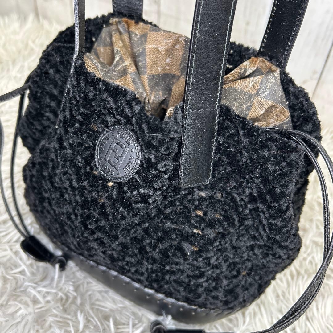 FENDI Drawstring Logo Pecans Shoulder Bag Tote Bag FF Black USED thumbnail 10