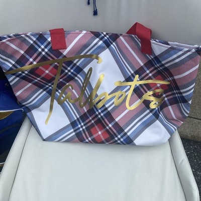 Talbots Tote Bag Large Red Tartan Plaid Gold Logo Purse Shopping Overnight NEW