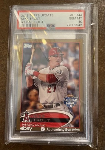 2012 Topps Update Baseball, #US144 Mike Trout At Bat Gold, #0157/2012, PSA 10