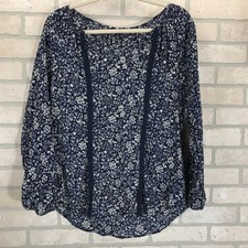 Chaps Floral Peasant Style Pullover Blouse Woman's L Blue Cream Boho
