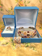 Ross Simons Sterling Silver Multi Rainbow Gemstone Bangle, Earrings, Ring Set