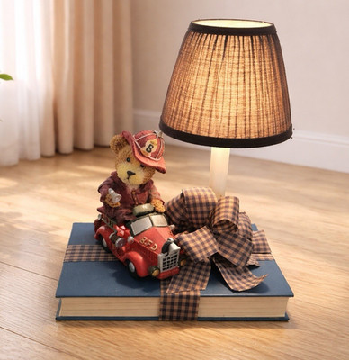 Firefighter Bear Novelty Table Lamp with Plaid Shade and Book Base, Medium Size