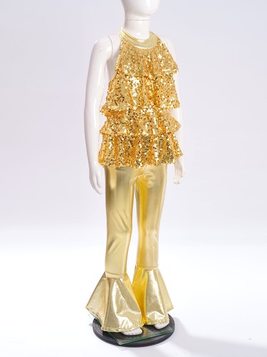 Kids Girls Leotard And Pants Sequin Bodysuit Latin Unitard Metallic Ruffled Hem - Bild 8 von 36