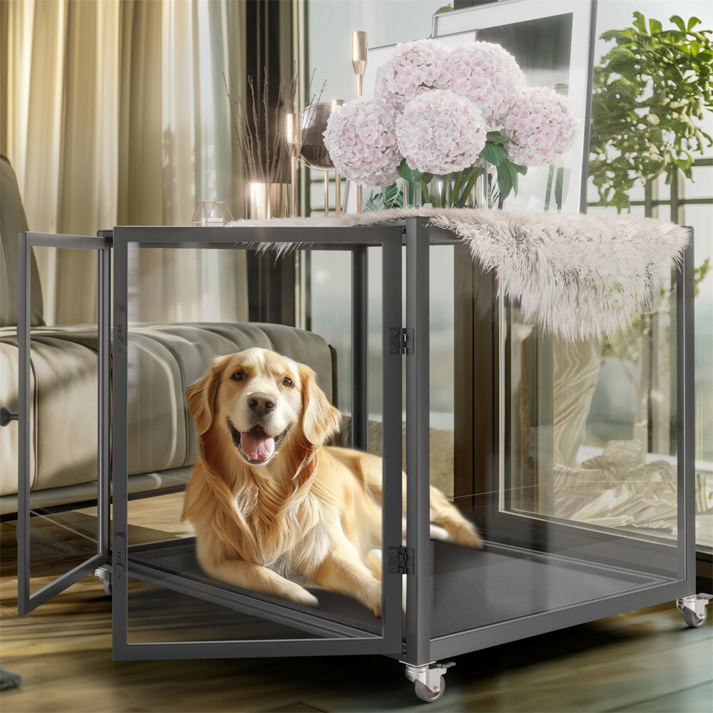Large Pet Dog Crate See Through Glass Kennel Cage Strong Aluminum