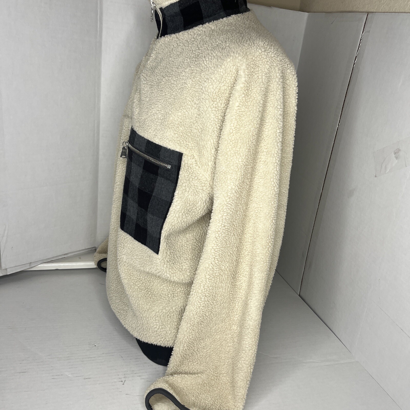 Adam Lippes Beige Sherpa Fleece Pullover Plaid Ta… - image 4