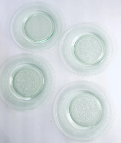 Vintage Green Glass Dessert Plates with Leaf Design 8" Luncheon Salad Set Of 4