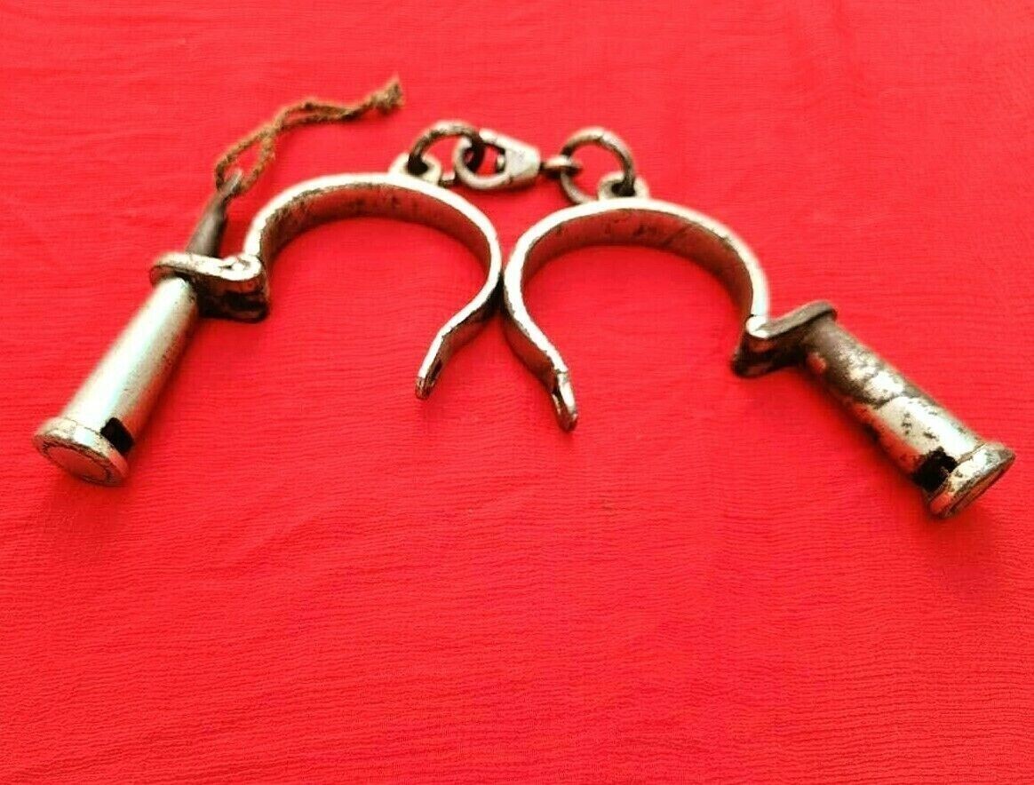 Antique 1930 Handcuff Handcrafted Iron Nickel Lock Key Chain Handcuffs
