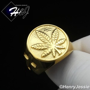 Authentic MEN Black/Silver/Gold Plated Marijuana Leaf Cross Round Ring*150
