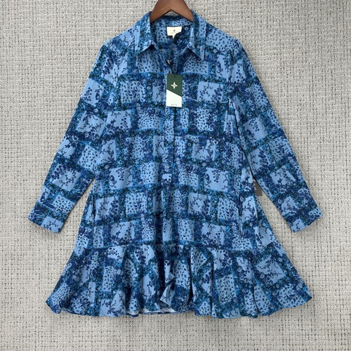 Tuckernuck Trellis Vine Crepe Callahan Shirt Dress Womens M Blue Pockets NWT