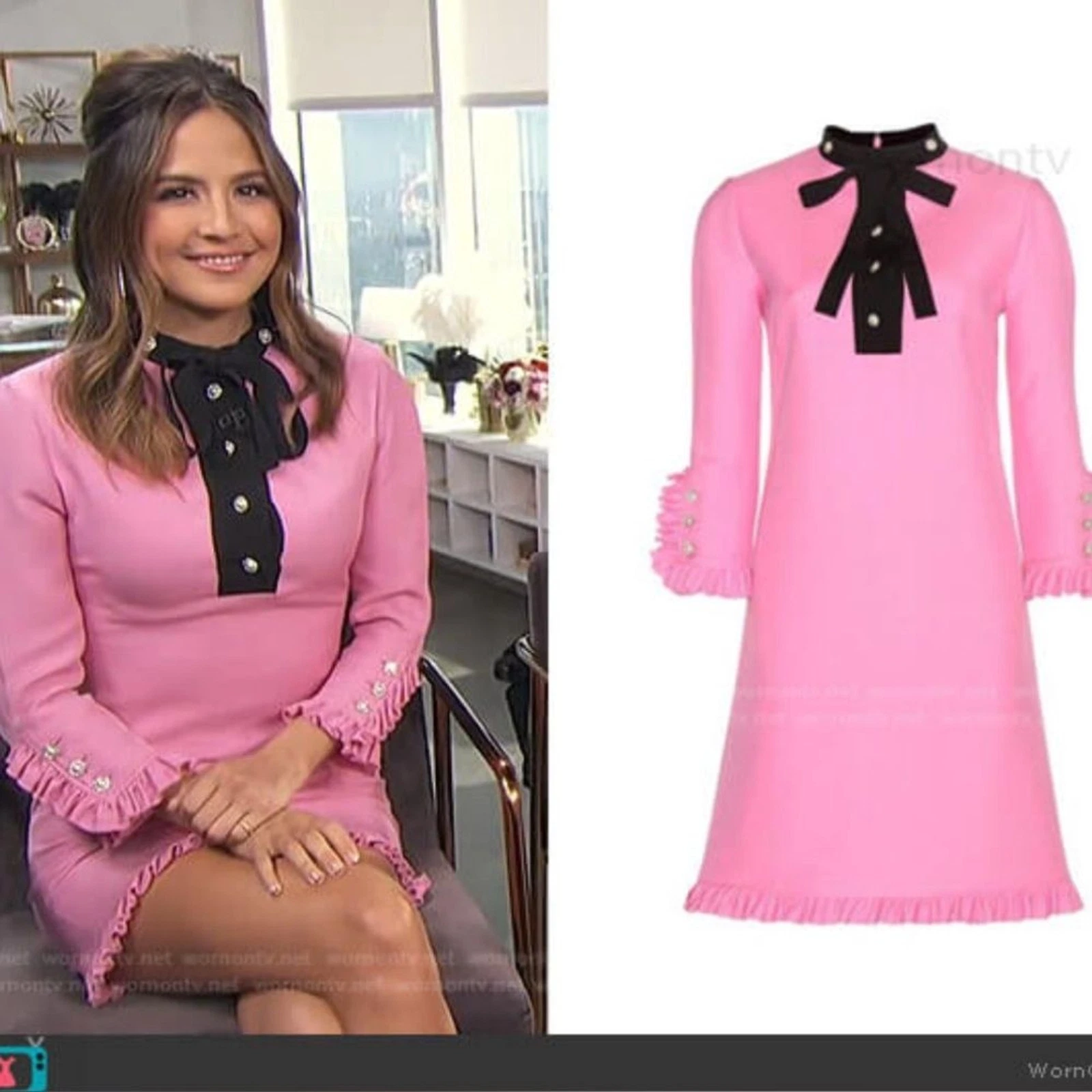 NUOVO abito Gucci fiocco perle strass orlo increspato mini cotone lana gomma da masticare rosa