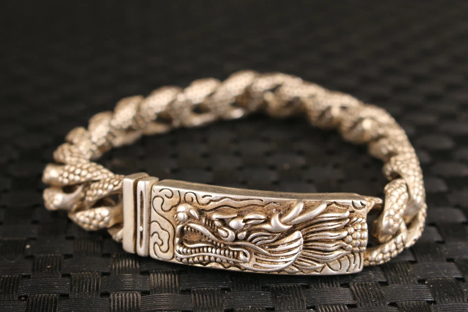 Cool Chinese tibetan silver dragon Statue bracelet man boy jewel gift - Image 3 of 4