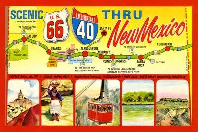 Route 66 Scenic Trip Map  Souvenir Postcard Vintage Design New Mexico Travel