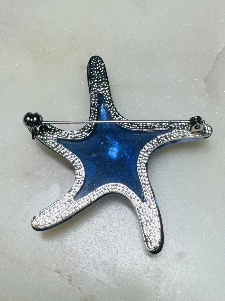 Lucite Acrylic Blue Starfish Brooch AB Crystal Rhinestones Ocean Beach Jewelry - Image 4 of 4