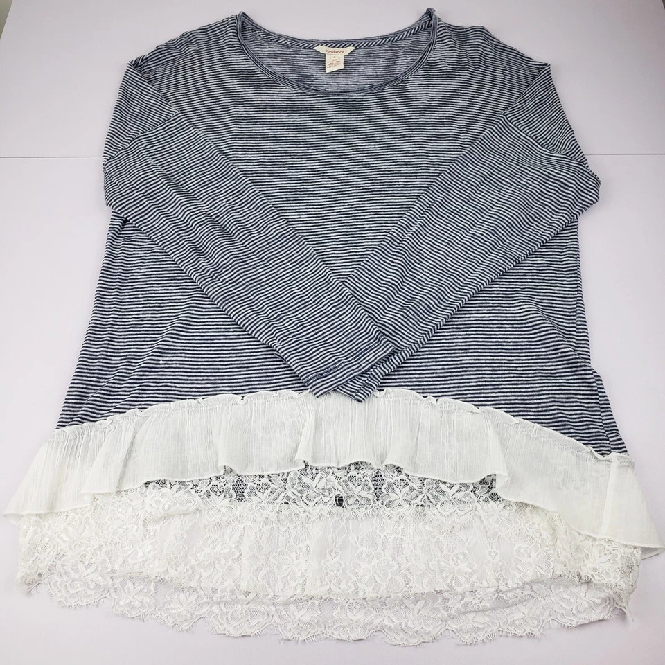 Blusa Top Sundance Mezcla de Lino Para Mujer Grande Alto Bajo Encaje/Volantes Dobladillo Manga Larga