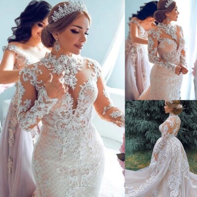 fitted lace wedding dress Modern High Neck Mermaid Long Sleeve Sweep Train Lace Wedding Dress with  Keyhole Back-715903 main image 0