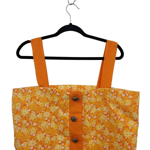 70er Jahre handgefertigter Rock Set 4XL orange Blume Seersucker quadratischer Ausschnitt Teelänge - Bild 3 von 16