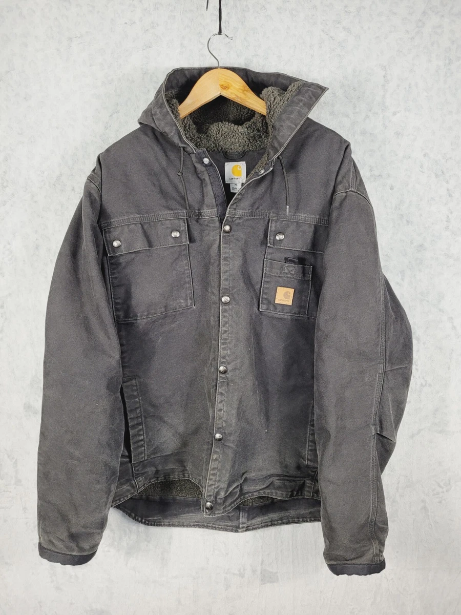 Carhartt J284 Mens XL Black Canvas Jacket Sherpa Lined Multi Pocket Hooded  Snap | eBay