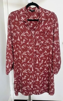 Alfani Floral Long Sleeve Shirt Dress Size M Burgundy Lounger Tunic Cover Up