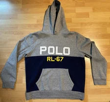 Men’s Polo Ralph Lauren RL-67 Graphic Print Color Block Hoodie Grey Blue XL