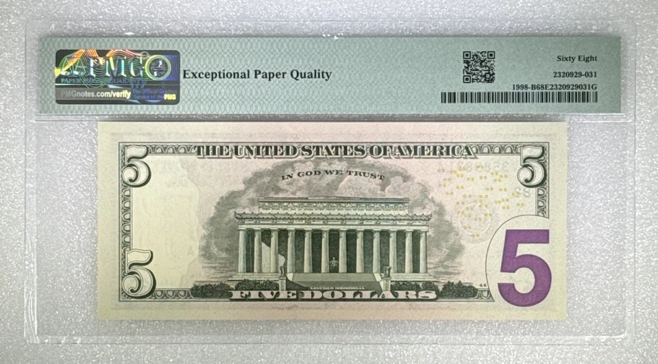 2017A Federal Reserve Note New York 5 Dollars Fr#1998-B PMG 68 EPQ Top Pop 18 - Image 2 of 3