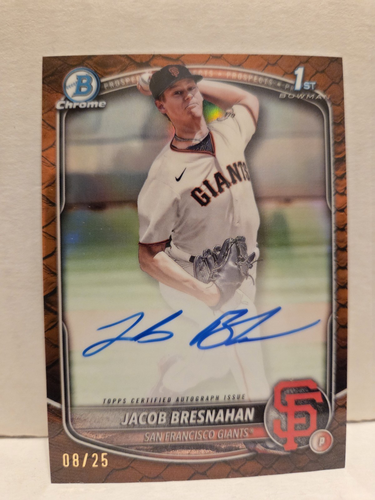 Jacob Bresnahan 2025 Bowman Chrome Orange Reptilian Auto /25 1st Prospect Rookie