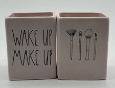 Rae Dunn Makeup Brush Holder Set Pink Ceramic Wake Up Make Up Vanity Organizer