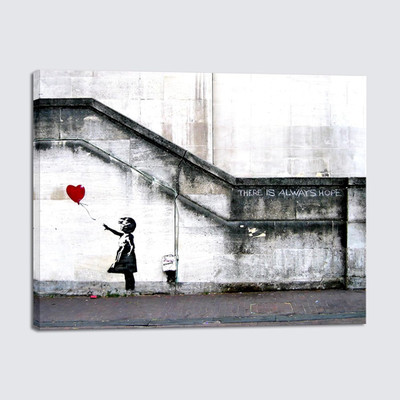 Wieco Art Banksy Grafitti Girl with Red Balloon Canvas Prints Wall Art Grey Love