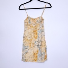 UO By The Sea Map Print Mini Dress Yellow Ruched Slip Y2K Casual Women's S