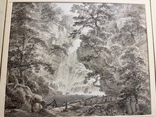 Landscape drawing Welsh waterfall Tany Bwlch Vale of Festiniog Wales in ink
