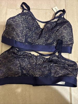 2 NWT  Soma L Large Ivory Blue Lace Geo Mesh Scoop Neck Bralette P8