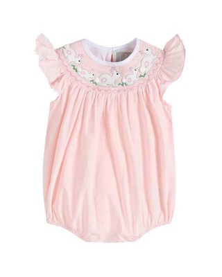Lil Cactus Running Bunnies Smocked Flutter Romper Pink 2T