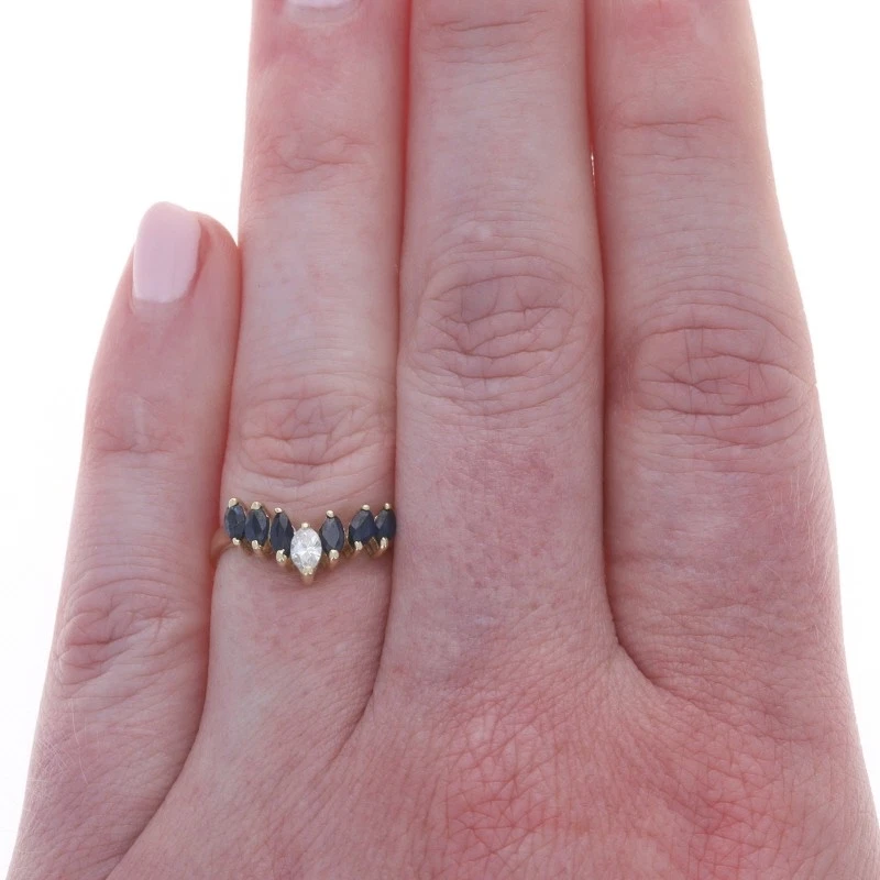 Yellow Gold Diamond Sapphire Wishbone Ring - 10k Marq .63ctw Enhancer Guard Band - Image 2 of 4