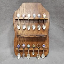 Vtg Collector Spoon Rack Display 12 Slot Wood Wall + US State Spoons Grandmacore