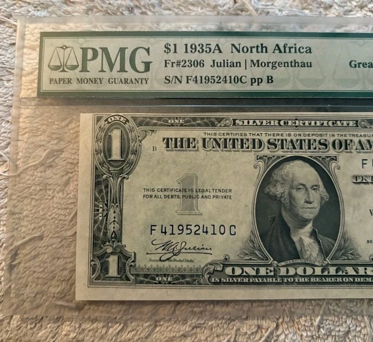1935A North Africa Silver Certificate Fr#2306 $1 PMG MS 62 UNC EPQ Rare FC Block - Image 3 of 4