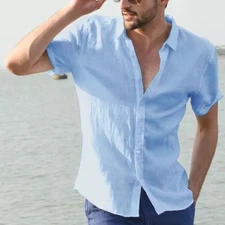 Men's Summer Cotton Linen Short Sleeve Shirt Casual Solid Button-Down M-3XL