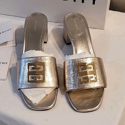 Givenchy Logo Accent Gold Leather Block Heel Slide Sandal Women EU 41