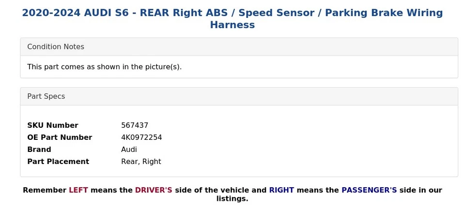 AUDI S6 2020-2024 - ABS TRASERO DERECHO/Sensor de velocidad/Arnés de cableado de freno de estacionamiento Foto 4 de 4