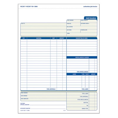 Adams Job Invoice Forms, 2-Part Carbonless, For Service And Repair Bil