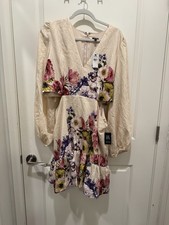 Express Floral V-Neck Long Puff Sleeve Cutout Mini Dress XL