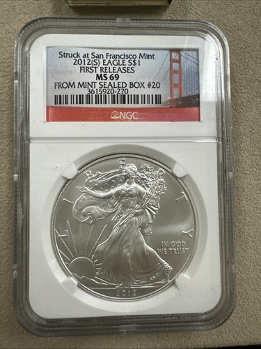2012 (S) AMERICAN SILVER EAGLE NGC MS69 FIRST RELEASES FROM MINT SEALED BOX #20
