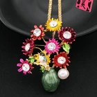 Fashion Women Multicolour Enamel Cute Flower Vase Crystal Pendant Chain Necklace