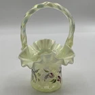 Fenton Art Glass Topaz Yellow Iridescent Hand Painted Basket D. Wright - Glows!