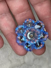Flower Brooch Vtg Aurora Borealis Blue Margarita Glass Beaded Cluster Round