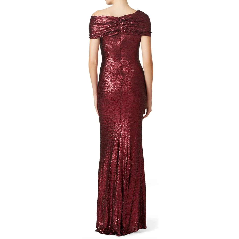 Vestido Badgley Mischka Burdeos Rojo Lentejuelas Talla 22 Hombro Descubierto Formal Lujo $695 Foto 2 de 4