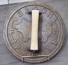 Vintage Norpro Round Cast Iron Bacon Press with Wooden Handle Cute Piggy